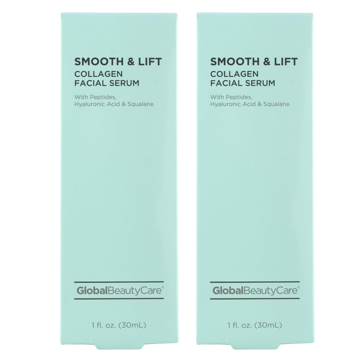 Global Beauty Care Smooth Lift serum bottle highlighting peptide hydration for firmer-looking skin