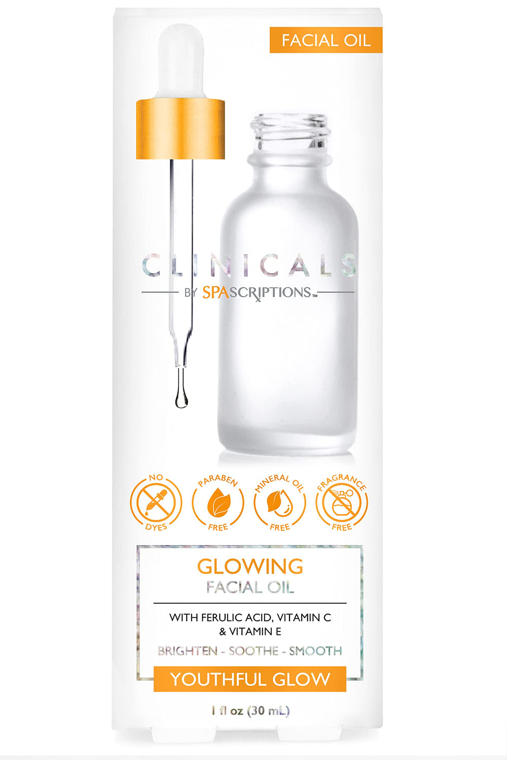 Global Beauty Care SpaScriptions Glowing Oil bottle promoting radiant skin