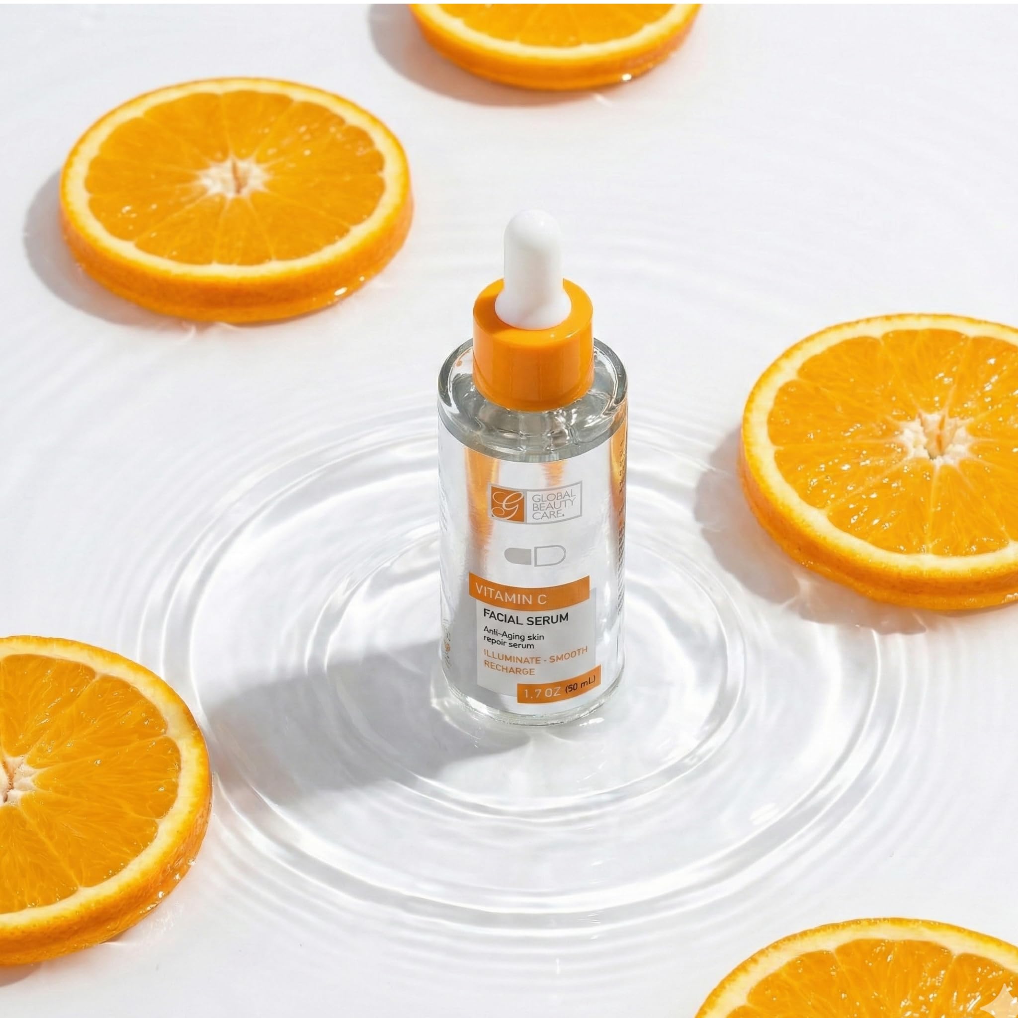 Global Beauty Care Vitamin C Serum texture on skin indicating smooth, refreshed feel
