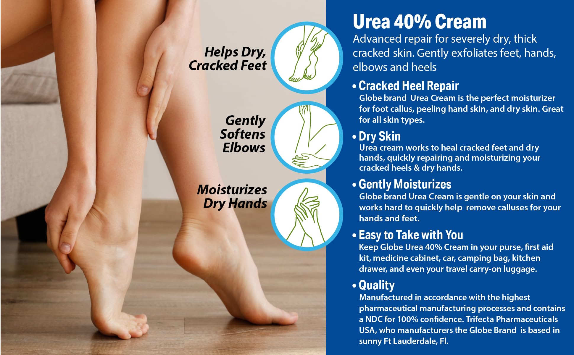 Globe Urea 40% Cream applied to feet targeting dry areas