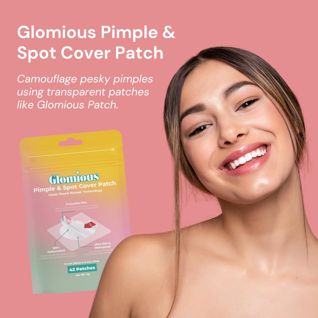 Glomious Pimple Patches cover a cheek breakout for use on face, neck, back