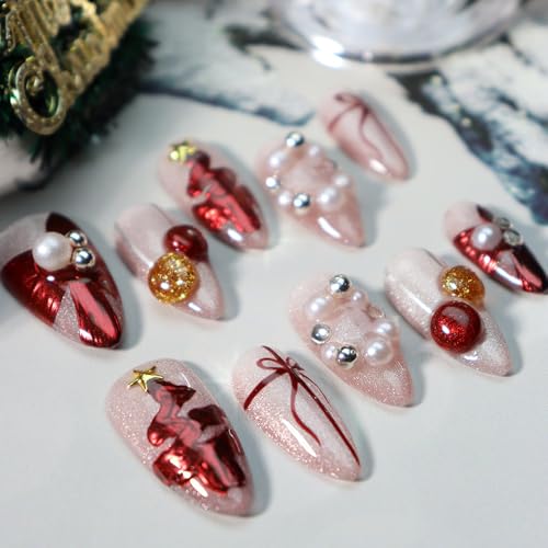 GLORS almond-shaped nails with pink shimmer base for elegant at-home holiday styling.