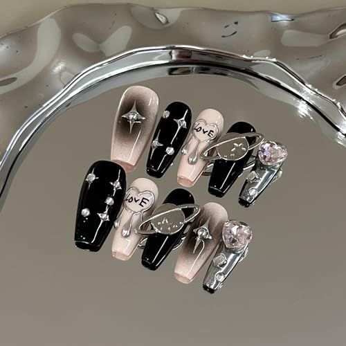 GLORS long nails with love text and 3D emblems for a dramatic finish.