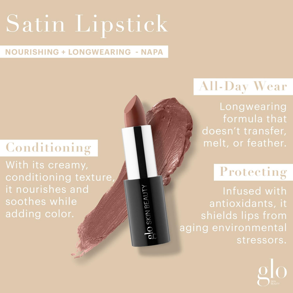 Glo Skin Beauty Satin Lipstick Napa swatch reveals vibrant color with smooth glide.