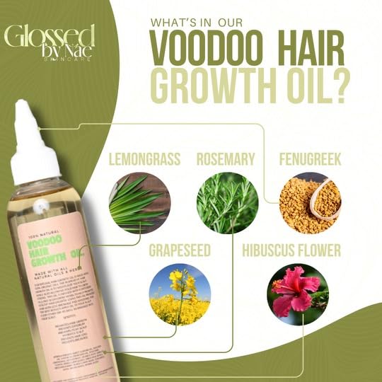 Glossed by Nae Voodoo Hair Growth Oil packaging highlights premium herbs