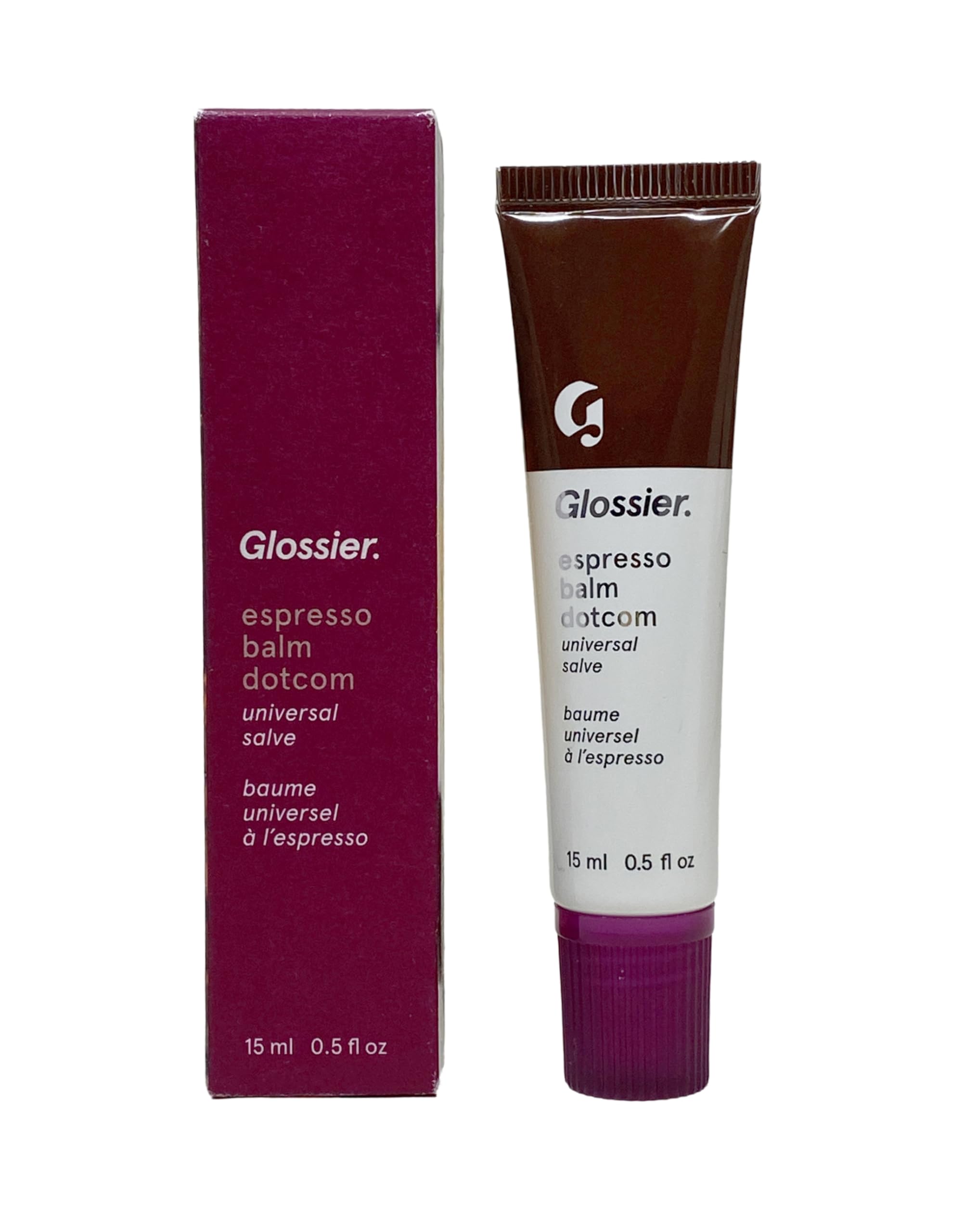 Glossier Balm Dotcom Espresso close-up of the tube showing rich tinted balm texture for easy lip care