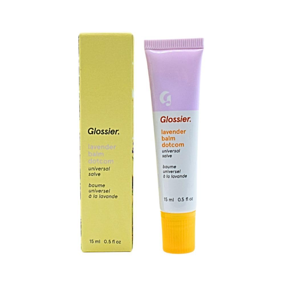 Glossier Balm Dotcom Lavender tube shows sheer purple tint for hydration