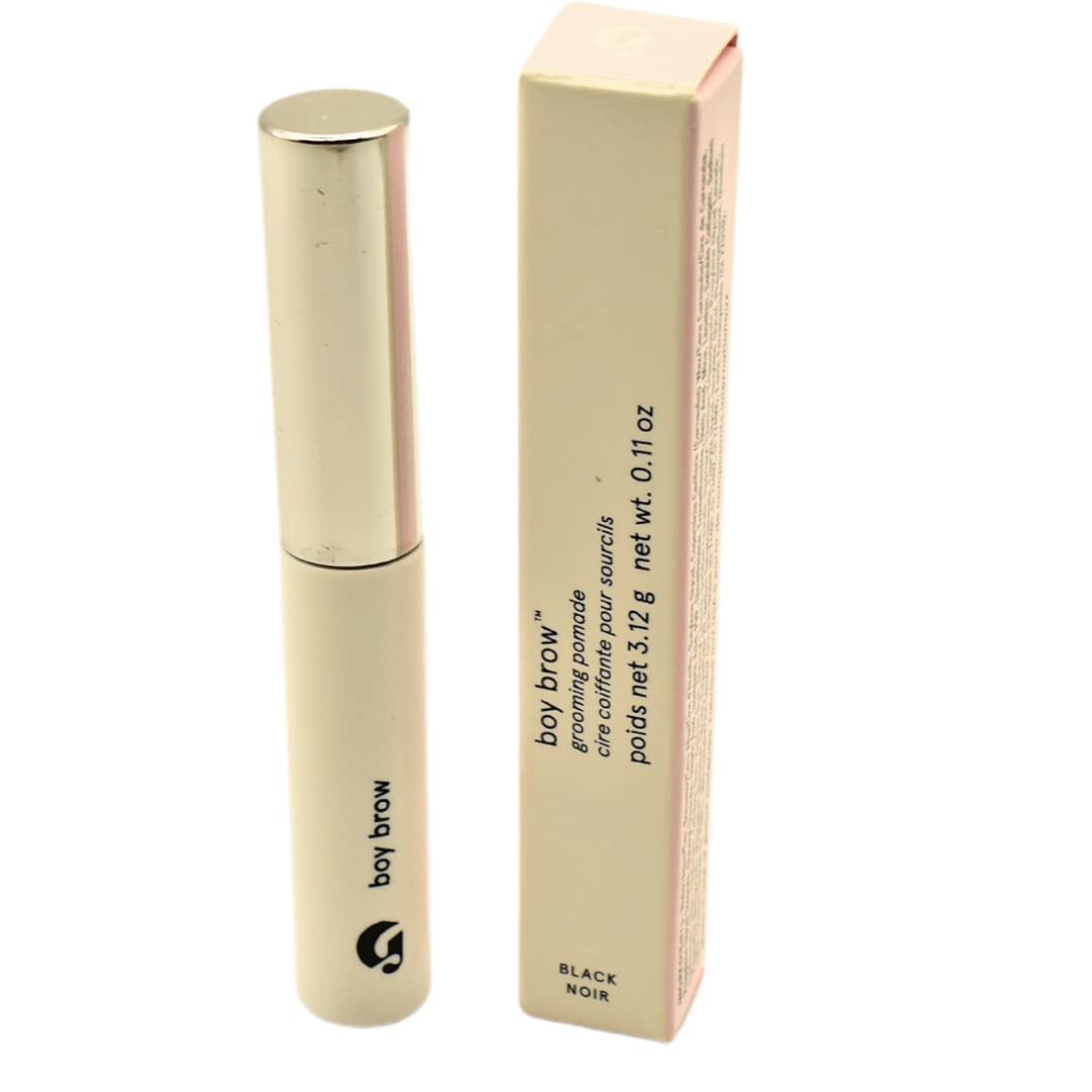 Glossier Boy Brow gel-pomade in black bottle closeup for natural, fluffy brow styling.