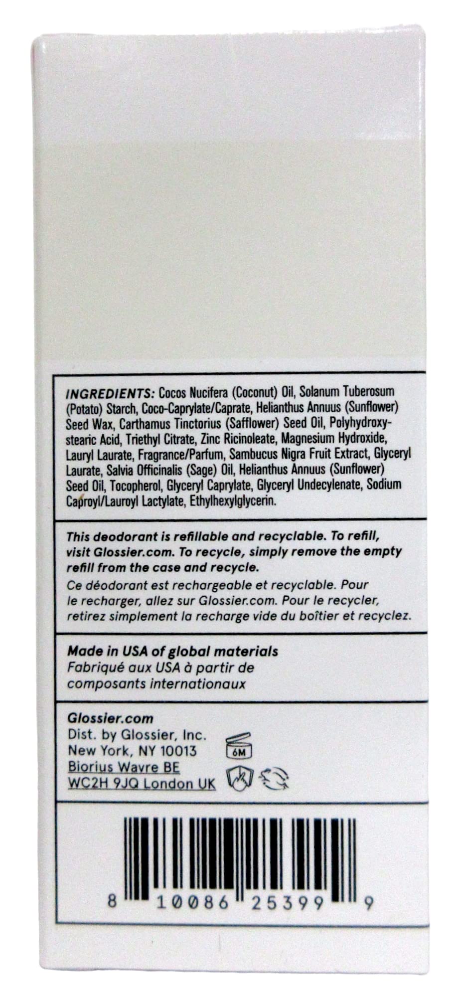 Glossier deodorant refill stick closeup showing plant-based ingredients for gentle care