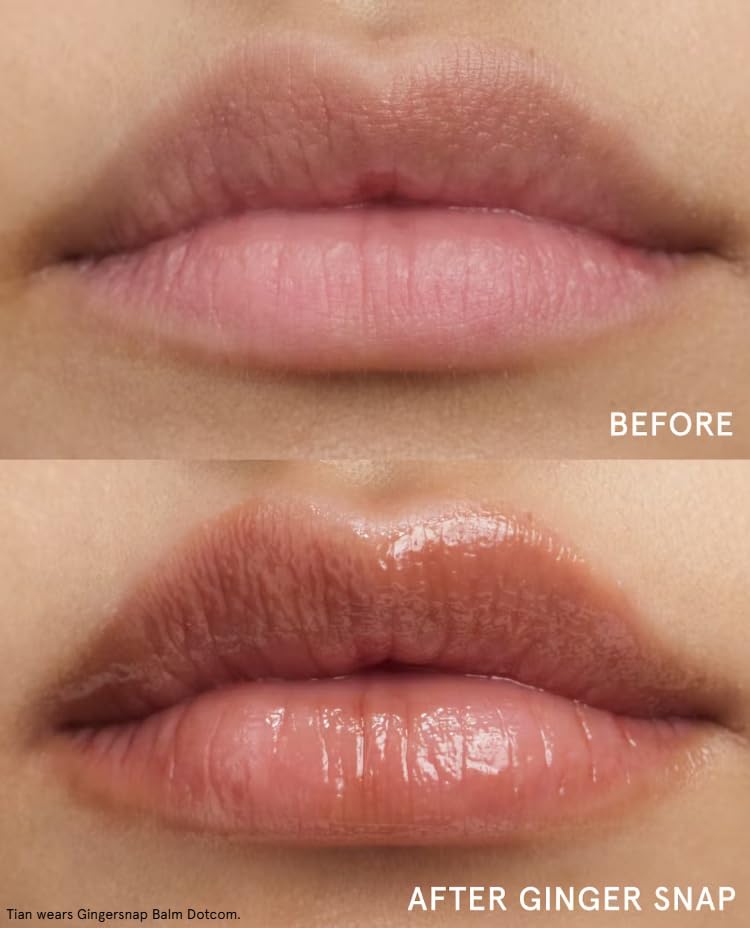 Glossier Balm Dotcom Gingersnap applied directly to lips for targeted relief.