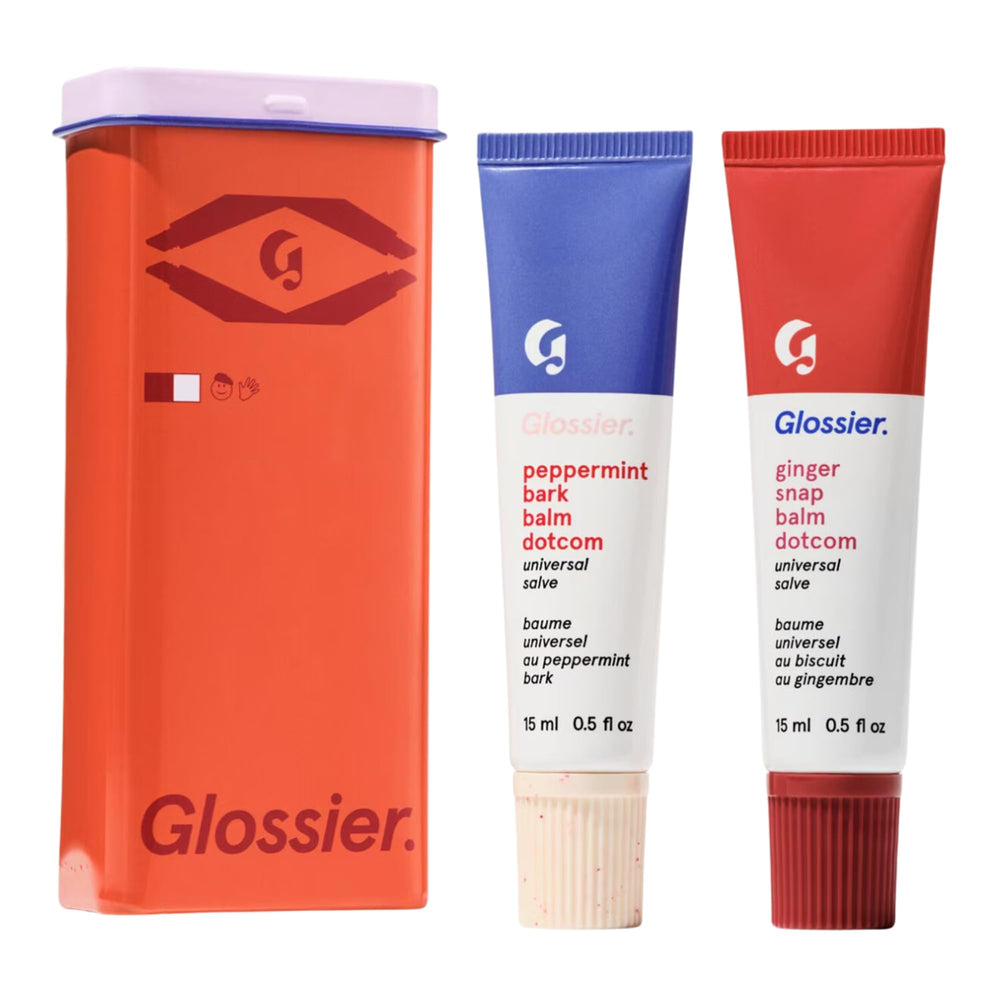 Glossier Sugar + Spice gingersnap tin with festive scent and taupe lip tint