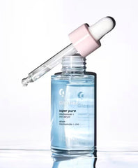 Glossier Super Pure serum application shows lightweight, fast-absorbing texture.
