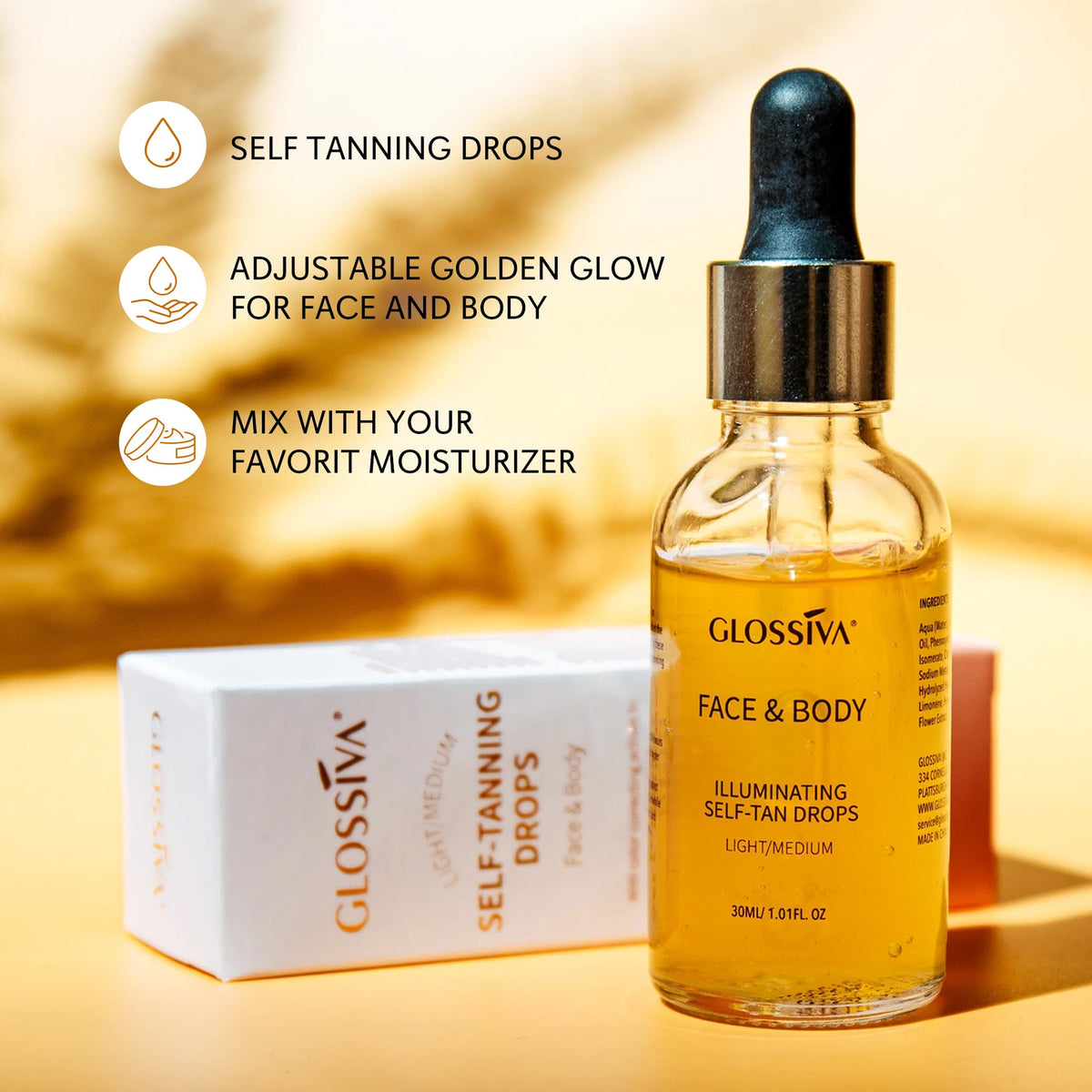 Glossiva Self Tanning Drops applied to the face for an even tint