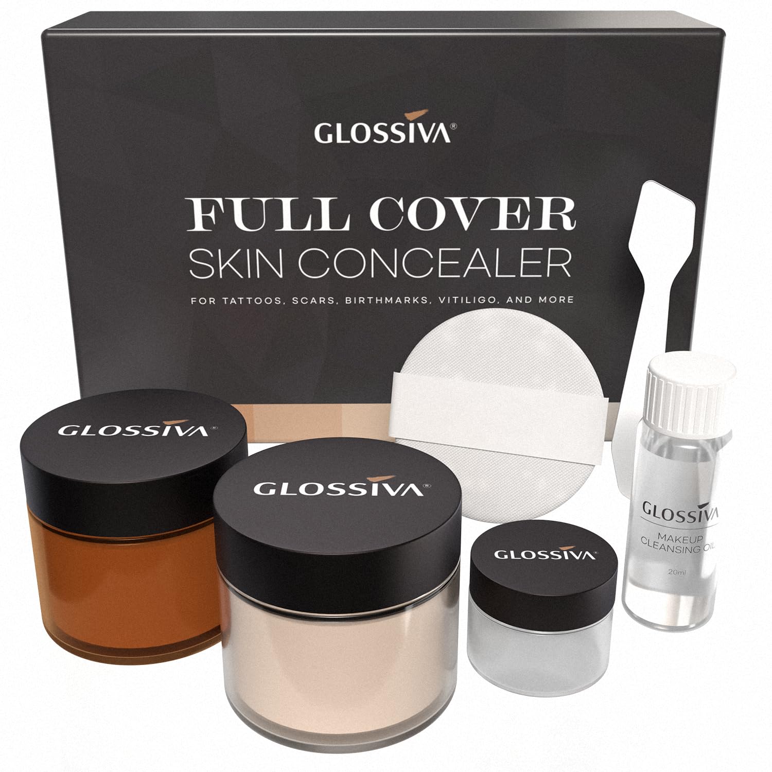 Glossiva tattoo cover-up makeup bottle shows waterproof, long-lasting coverage
