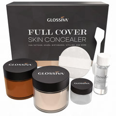 Glossiva tattoo cover-up makeup bottle shows waterproof, long-lasting coverage