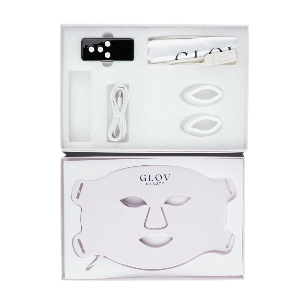 Glov Beauty LED mask in use delivers a calming, home-spa feel.