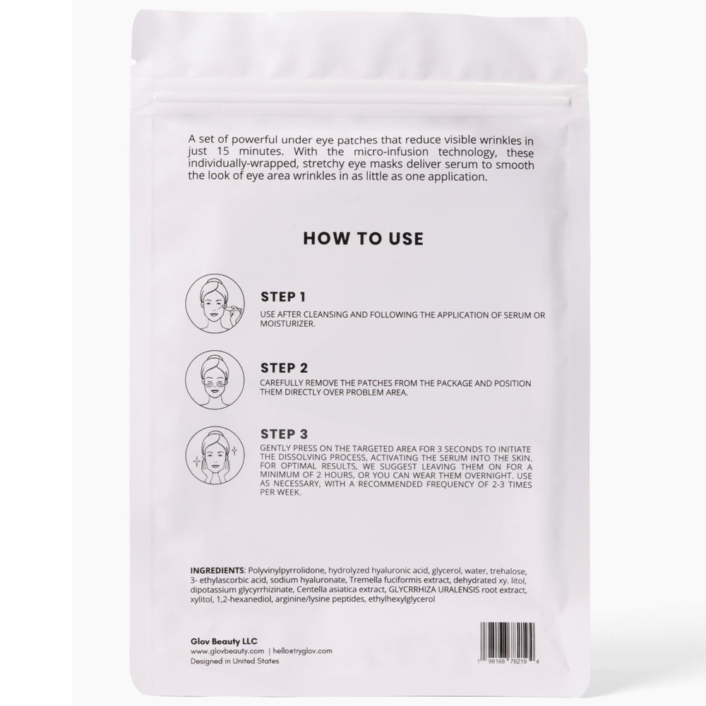 Glov Beauty Micro Dart Eye Patches application shows patch on skin for overnight renewal.