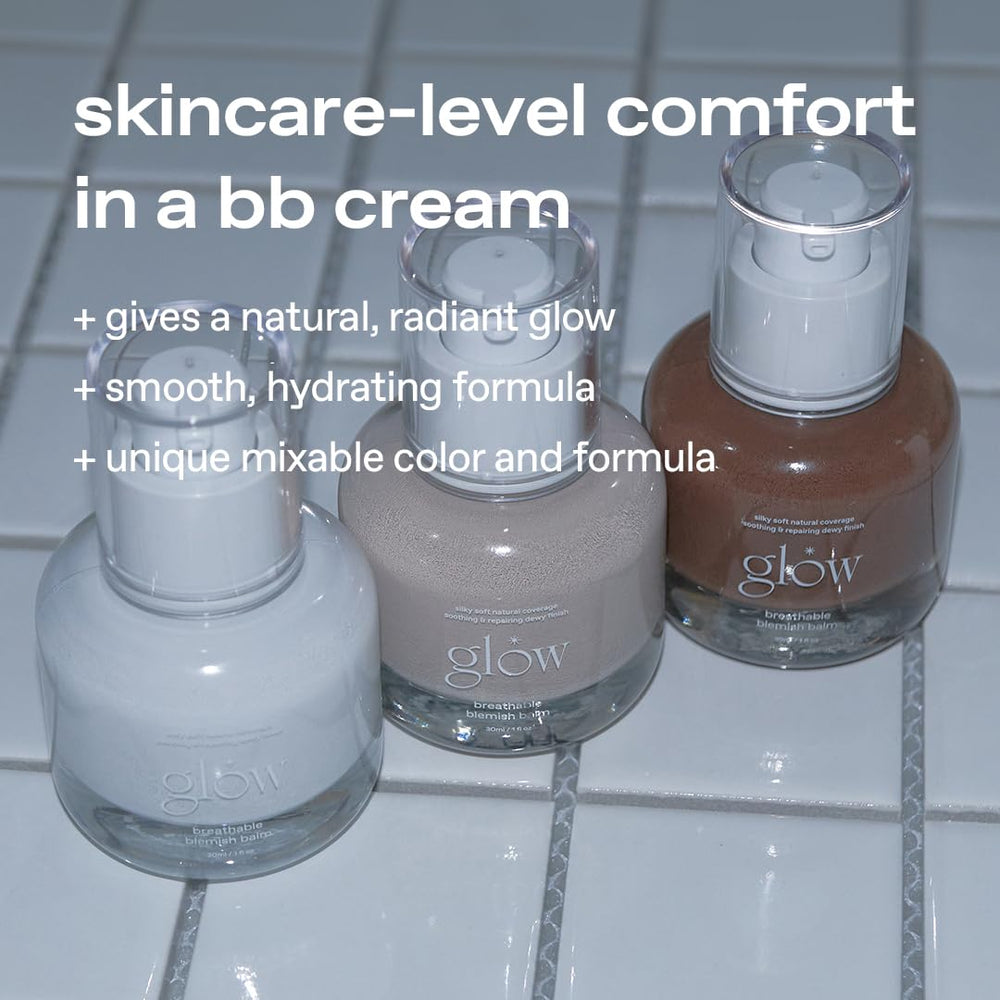 Glow blemish balm white pump indicates easy, controlled application for quick makeup routines.