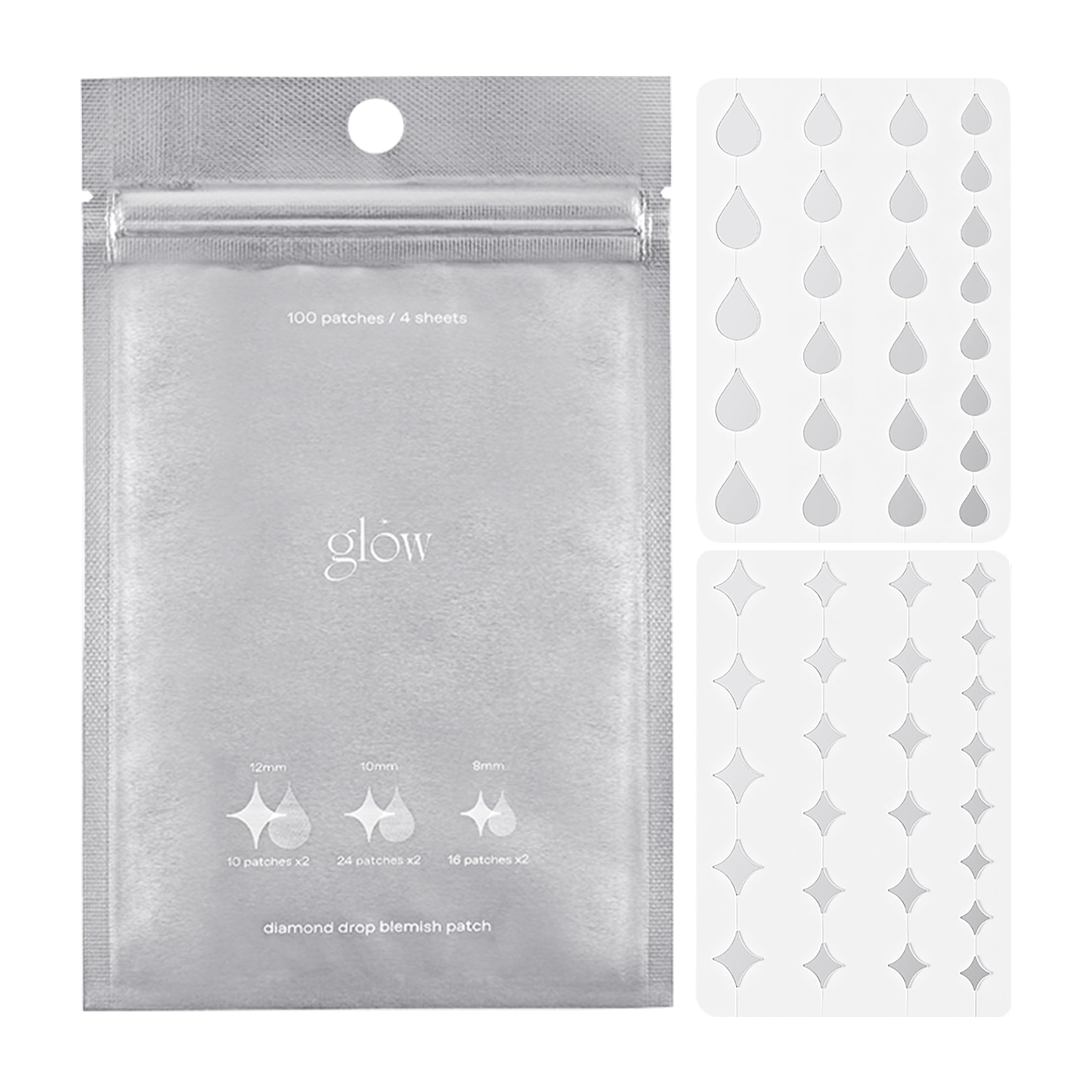 Glow Diamond Drop blemish patch packaging with holographic design and 100 patches for daily use.
