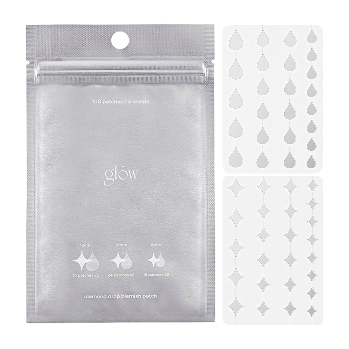 Glow Diamond Drop blemish patch packaging with holographic design and 100 patches for daily use.