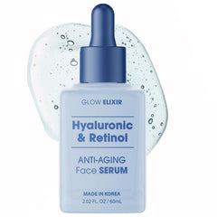 Glow Elixir retinol serum bottle closeup for radiant, hydrated skin.