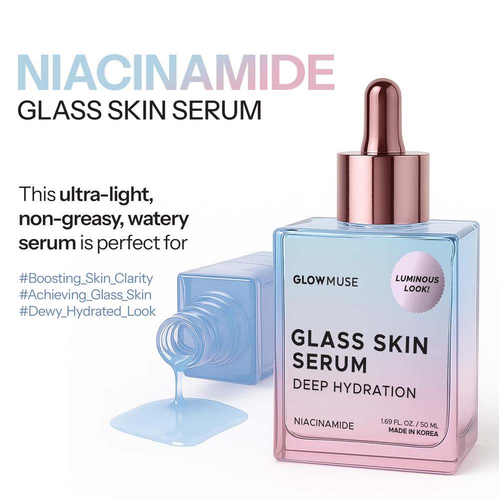 Dropper with Glow Muse Niacinamide Serum applied to fingertip for hydration.
