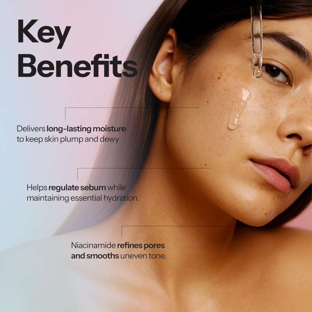Glow Muse Niacinamide Serum on cheek displaying a subtle pink glow.