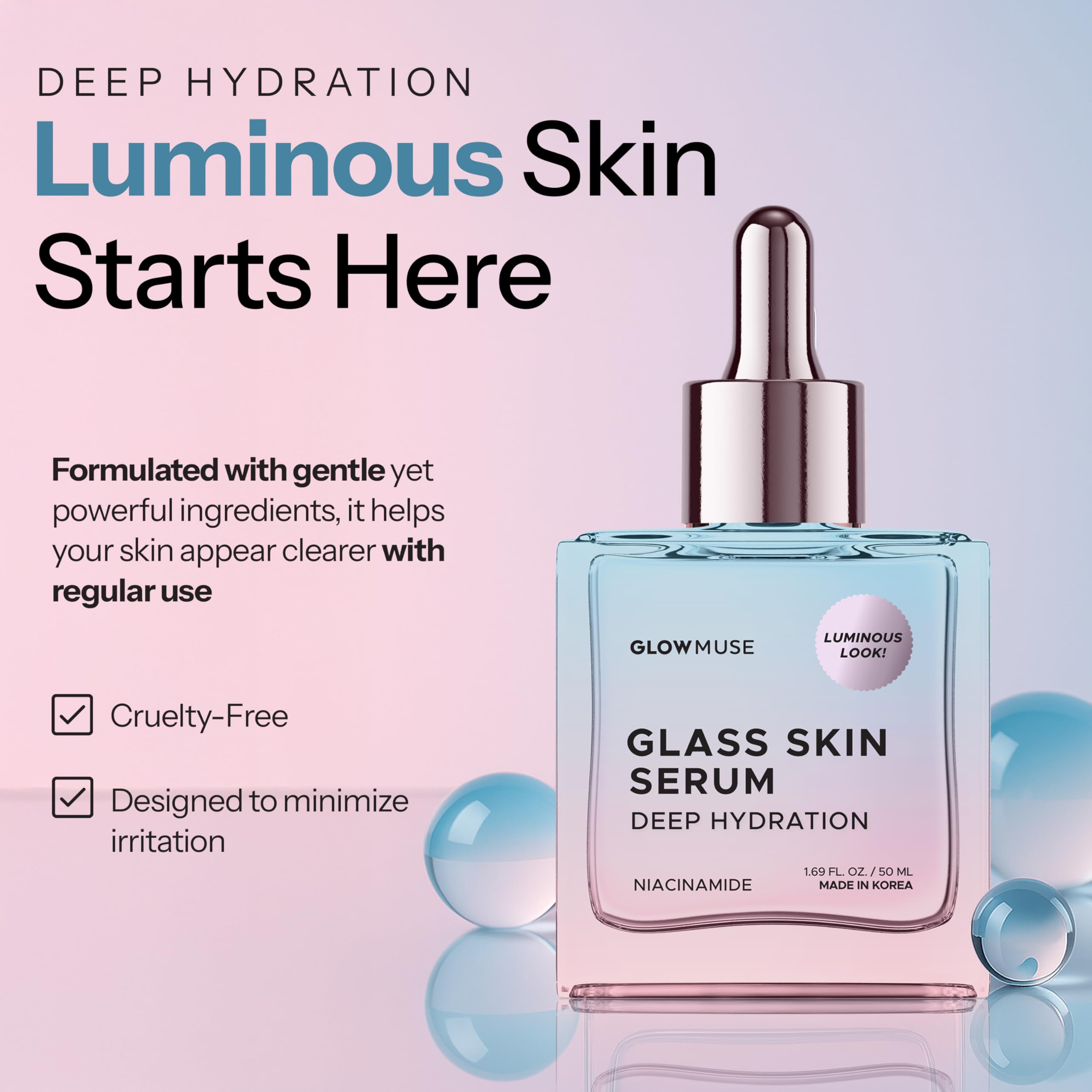 Close-up of Glow Muse Niacinamide Serum texture on skin with smooth finish.