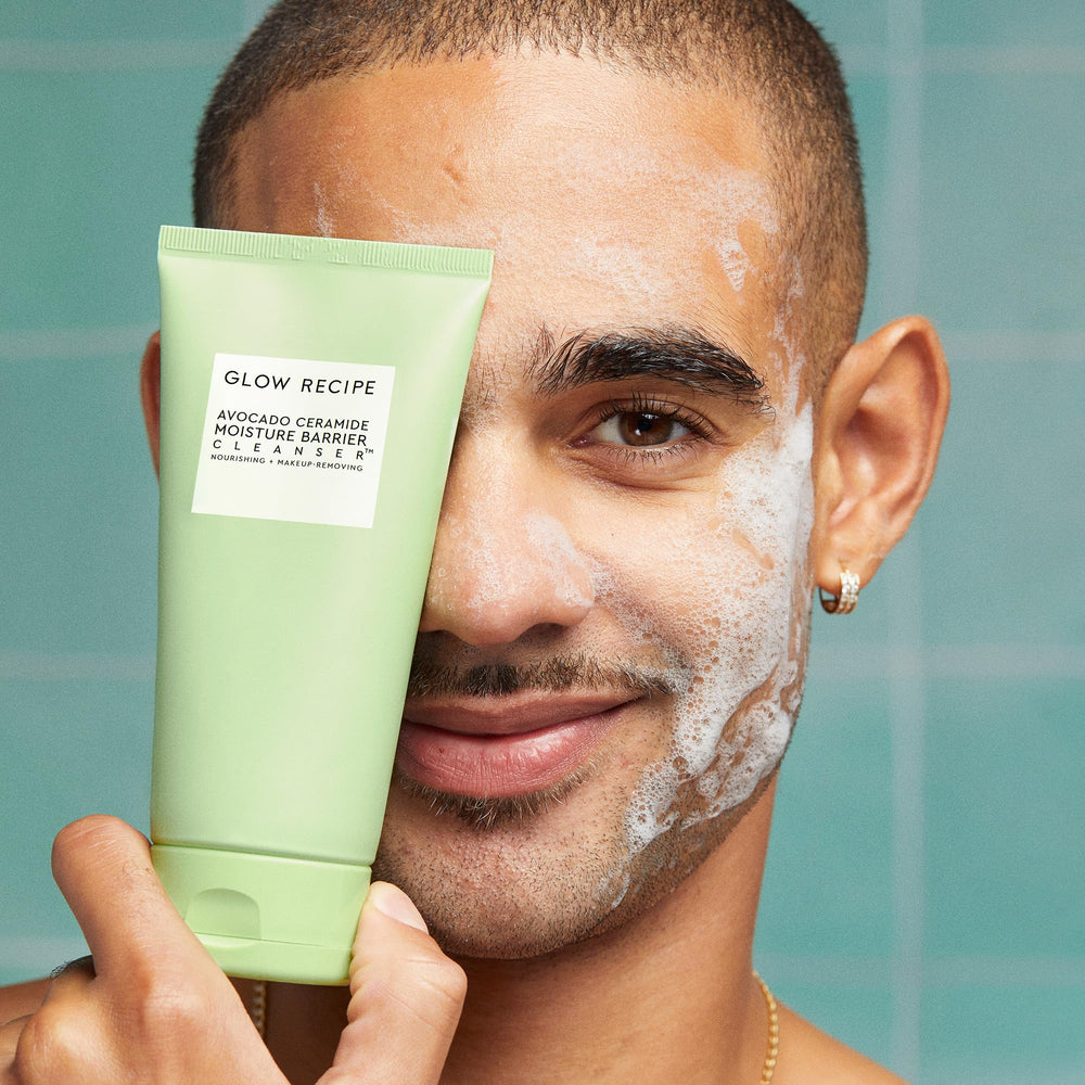Glow Recipe Avocado Ceramide Cleanser being applied with fingertips for gentle massage.