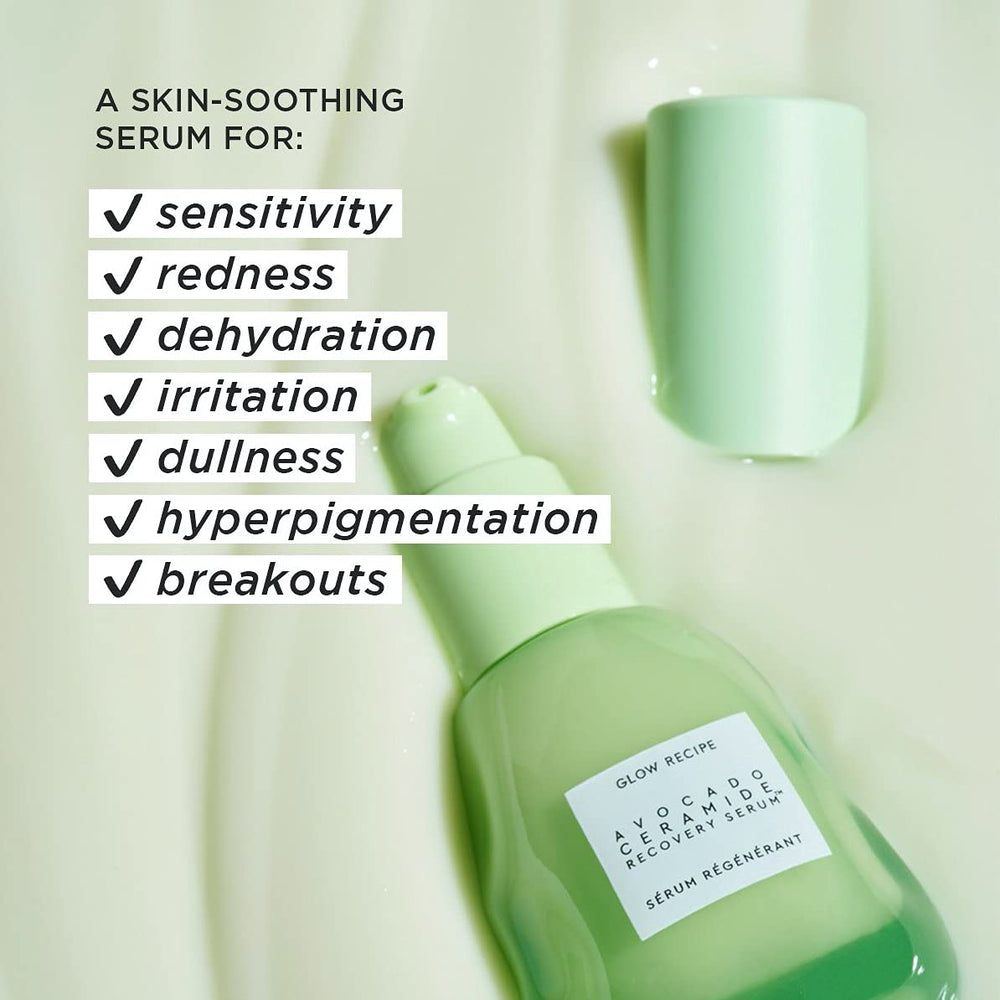 Day and night use of Glow Recipe Avocado Ceramide Serum demonstrated