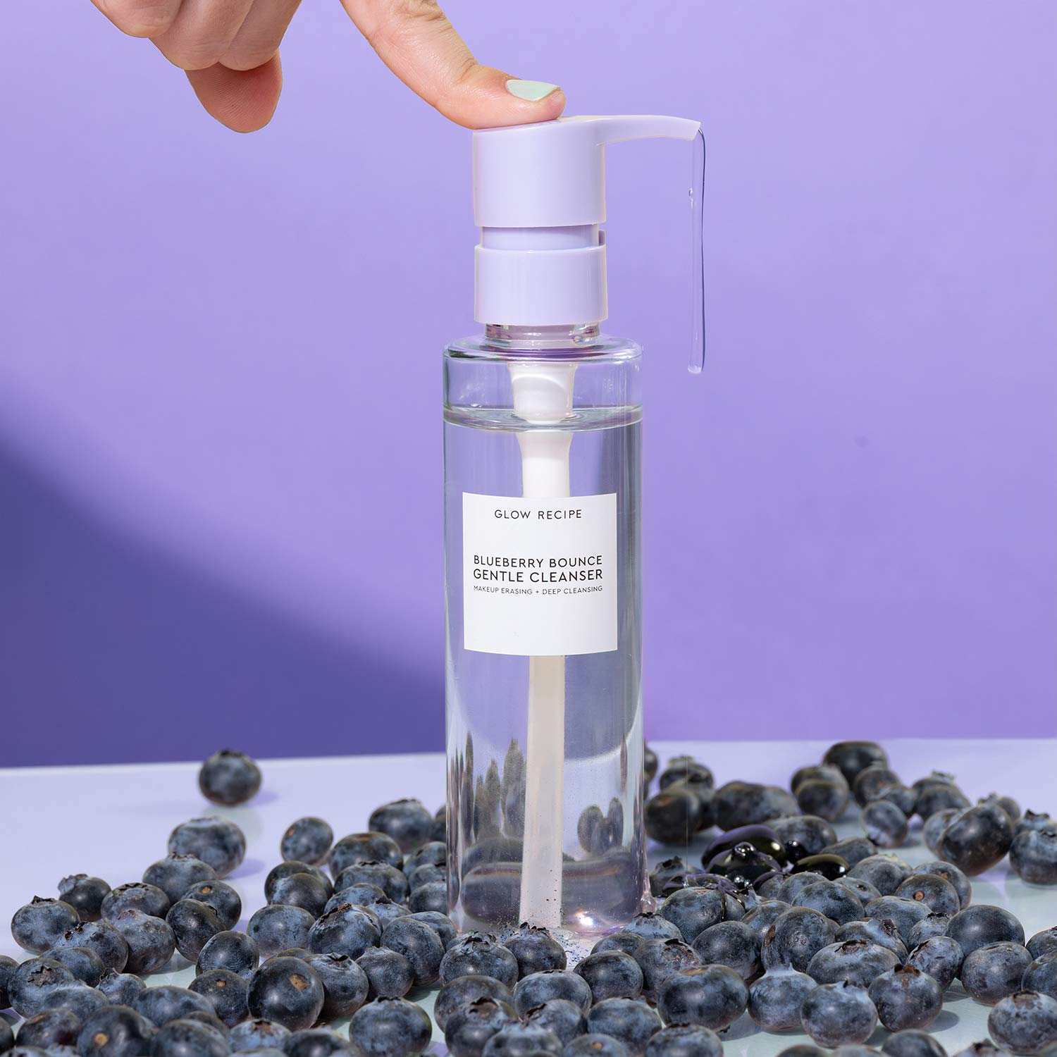 Glow Recipe Blueberry Bounce foam lather shows rich microbubbles for makeup removal.