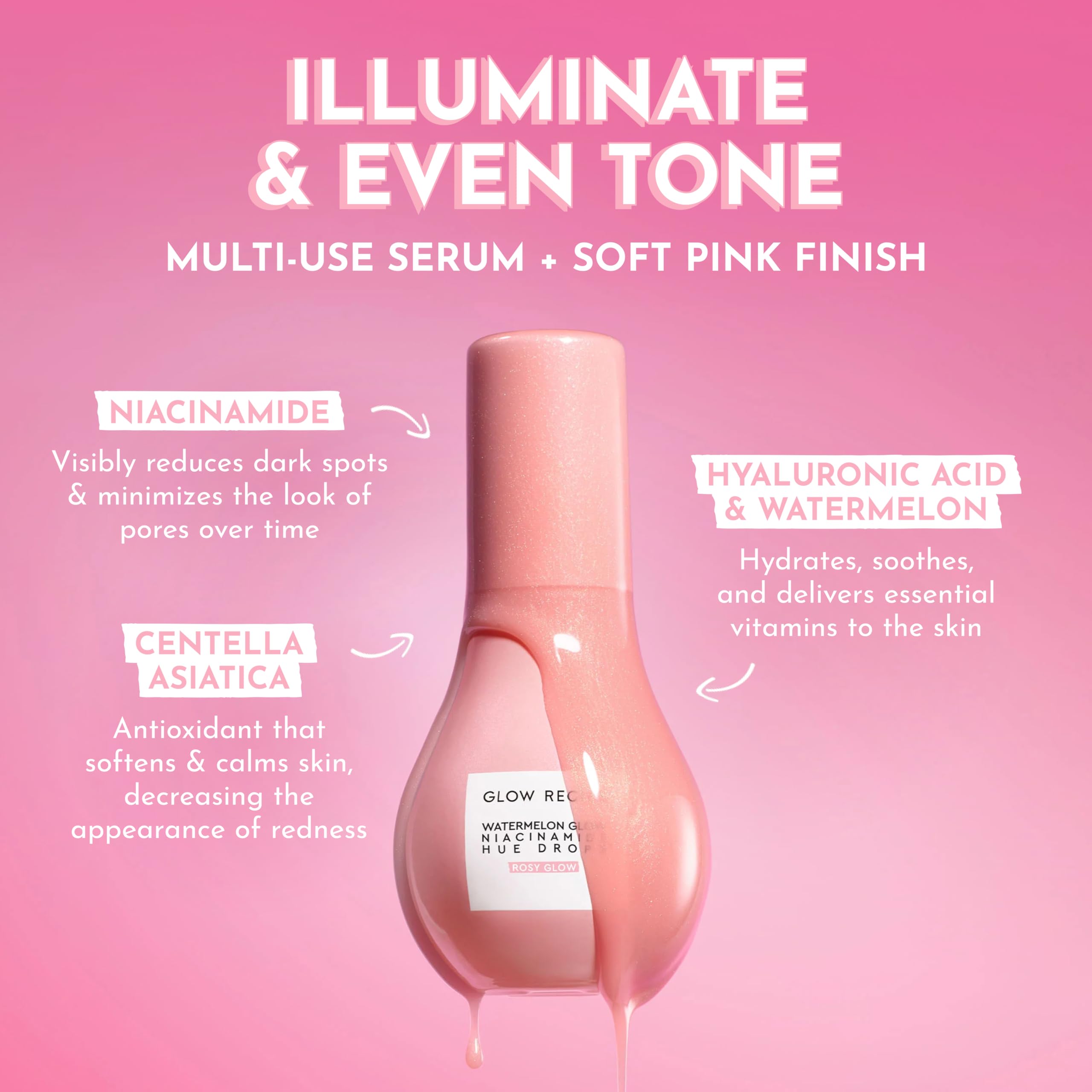 Glow Recipe Hue Drops serum dispense showing buildable rosy glow