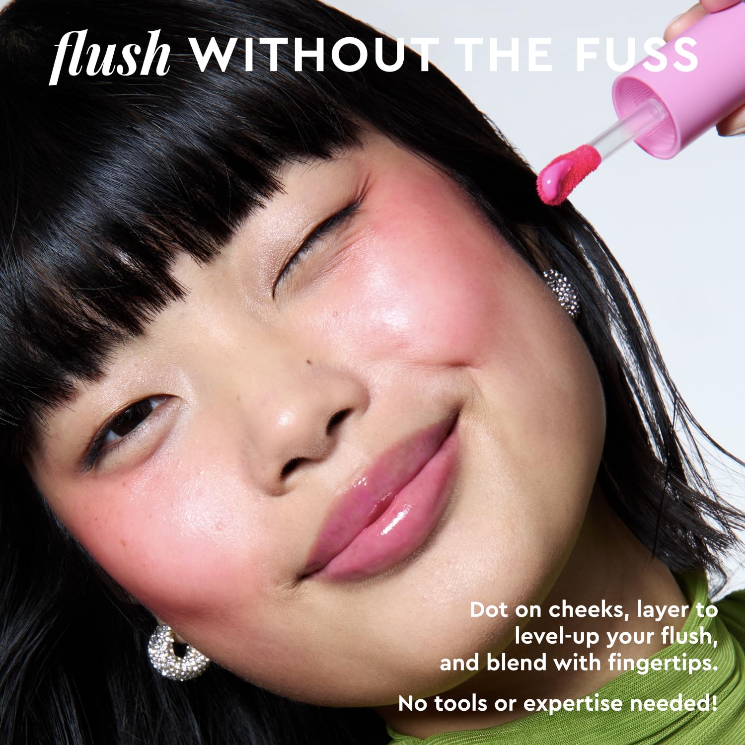 Cheek application demonstrates sheer to medium tint with dewy finish