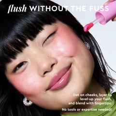 Cheek application demonstrates sheer to medium tint with dewy finish