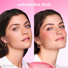 Lips tinted with Glow Recipe flush serum for cohesive color