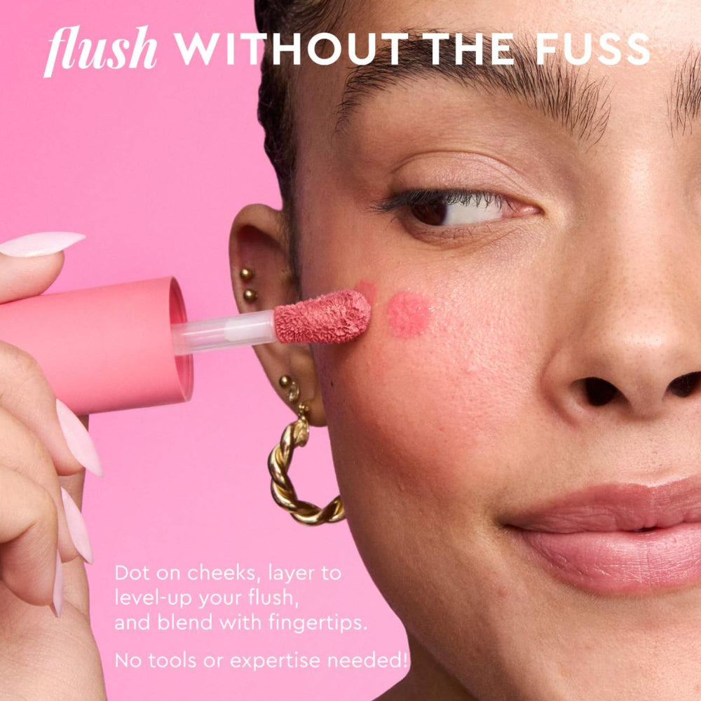 Swatch on cheek of Glow Recipe Niacinamide Dewy Flush for buildable color and glow