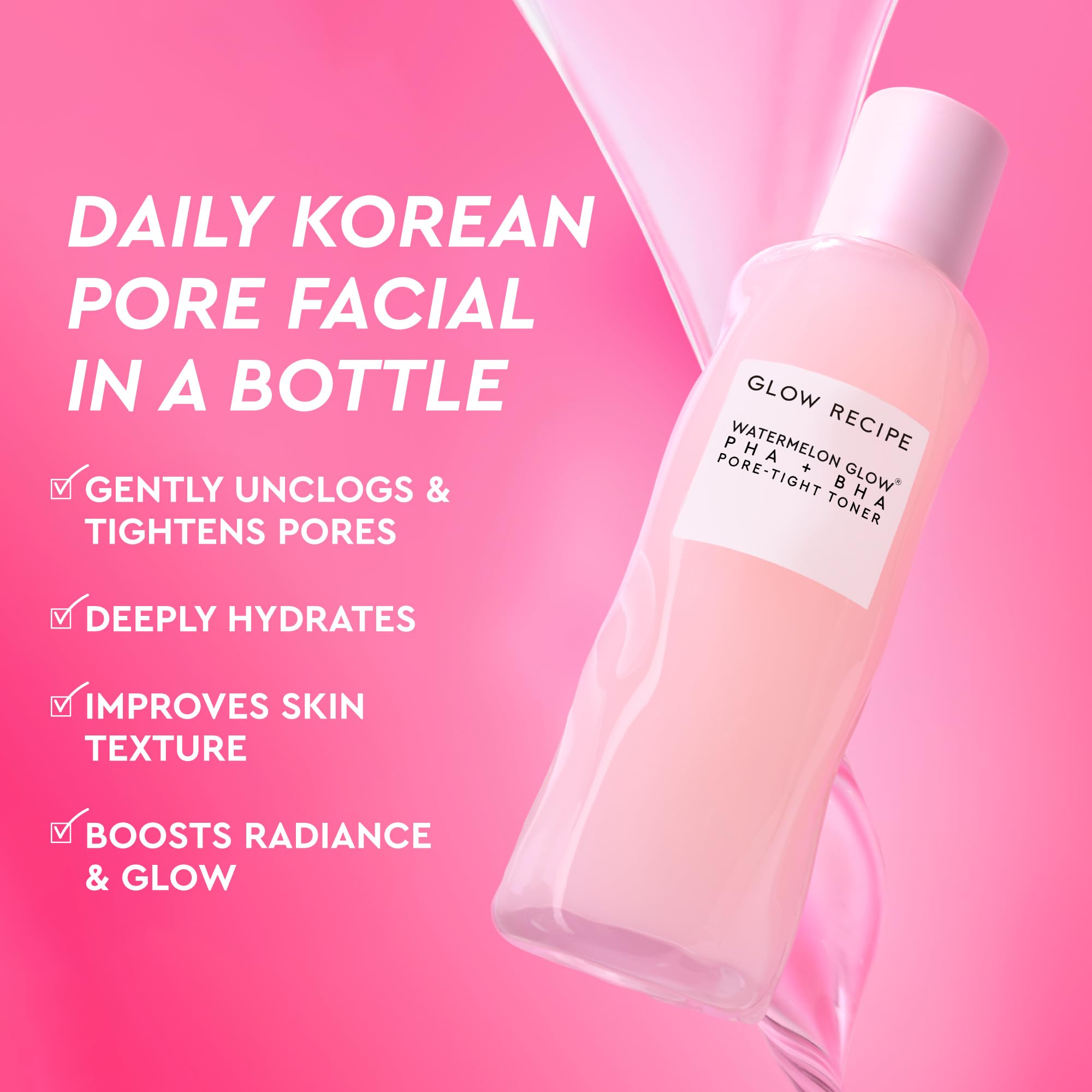 Glow Recipe PHA + BHA toner bottle top highlights easy pump application for quick routines.
