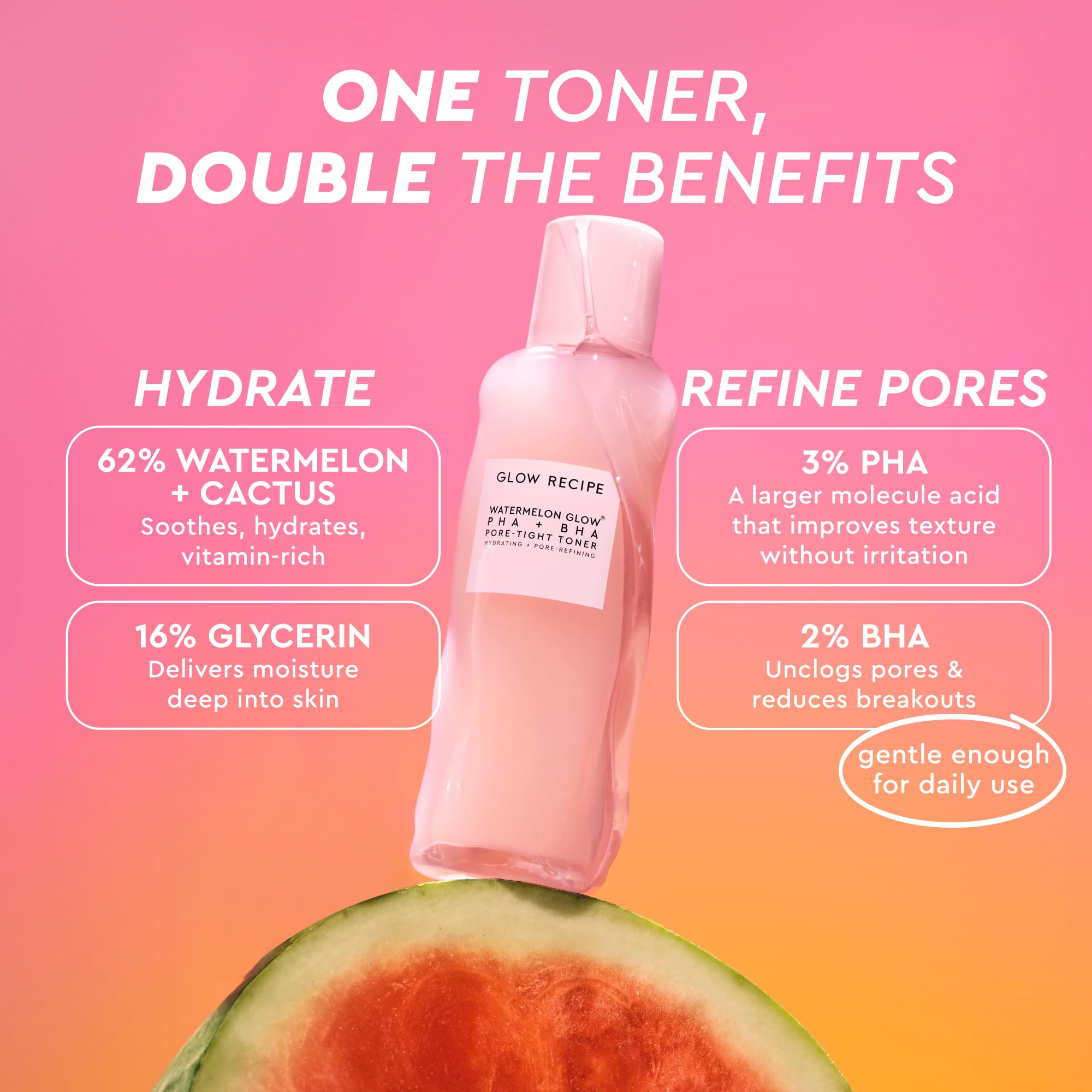 Glow Recipe PHA + BHA toner cotton-pad scene demonstrates even, controlled application.