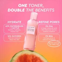 Glow Recipe PHA + BHA toner cotton-pad scene demonstrates even, controlled application.