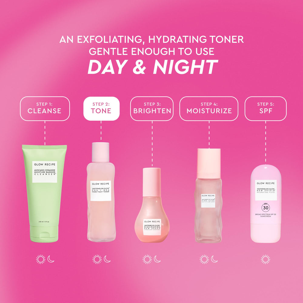 Glow Recipe PHA + BHA toner hydrated-skin close-up focuses on a calm, refined complexion.