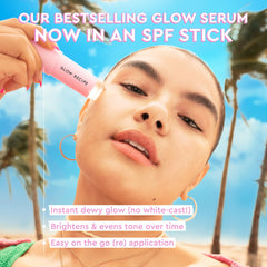Glow Recipe sunscreen stick warmed on the back of the hand for easy application.