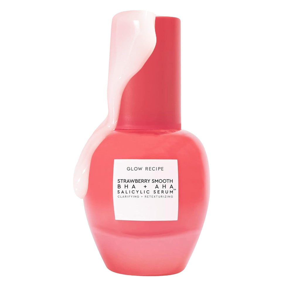 Glow Recipe Strawberry Smoothing Serum bottle pump showing a hydrating gel texture.