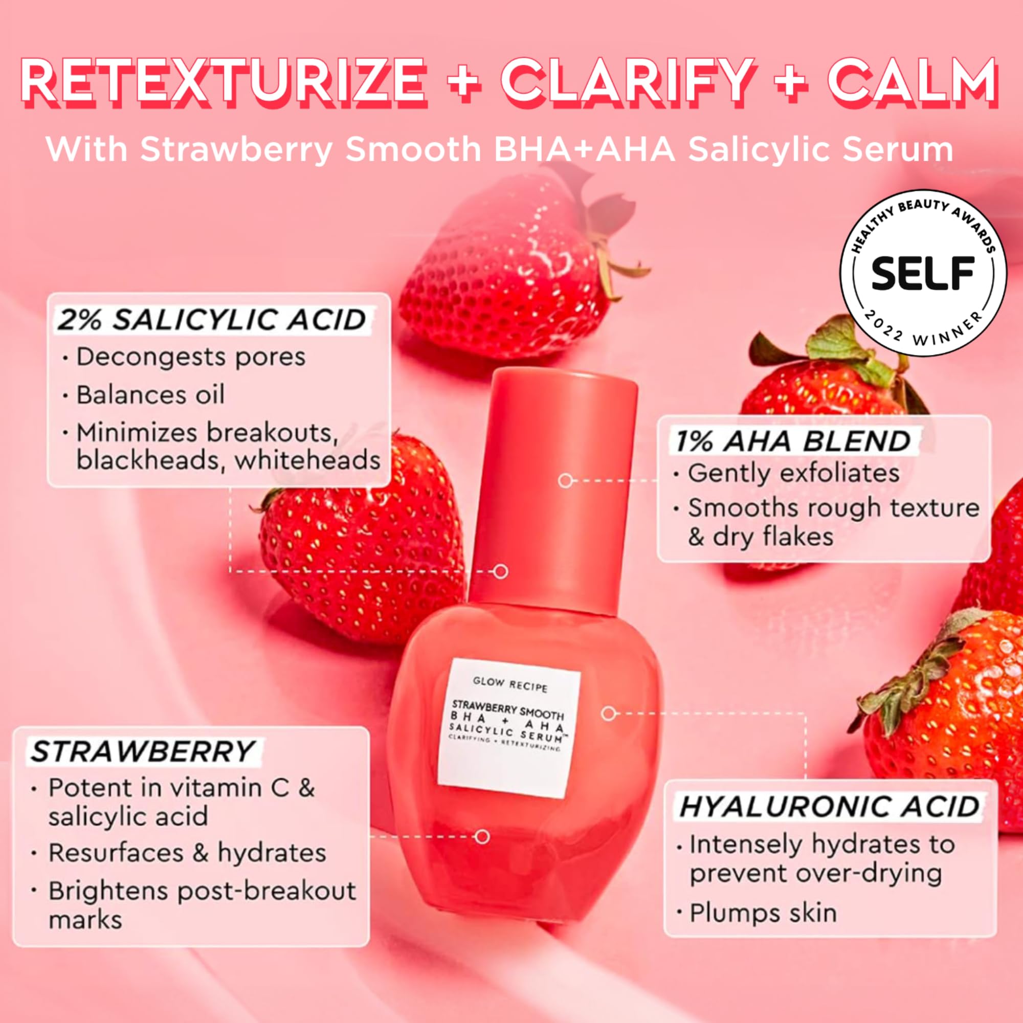 Glow Recipe Strawberry Smoothing Serum ingredients visual featuring strawberries and actives.