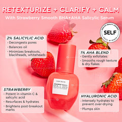 Glow Recipe Strawberry Smoothing Serum ingredients visual featuring strawberries and actives.
