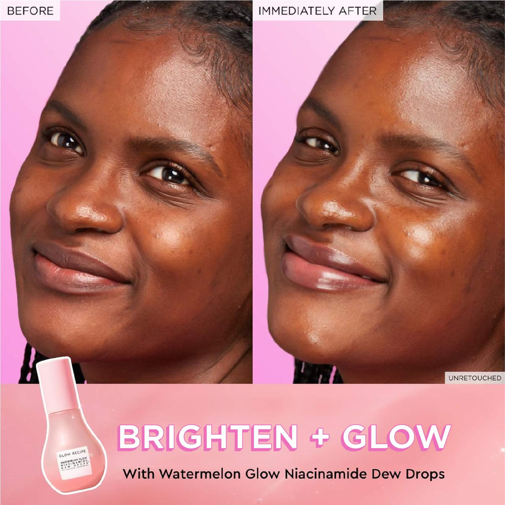 Close-up of Glow Recipe Dew Drops being applied to skin for smoothness.