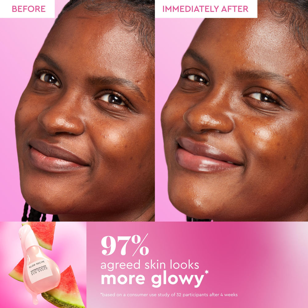 Glow Recipe Watermelon Niacinamide Dew Drops gel close-up shows dewy finish with no gray cast.