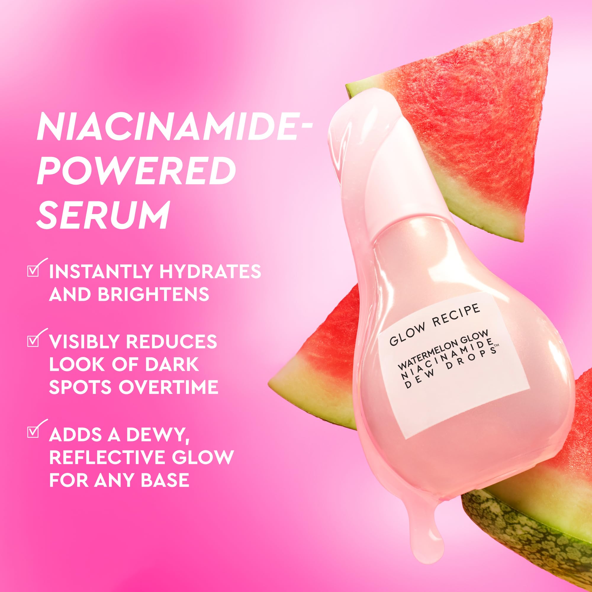 Glow Recipe Watermelon Niacinamide Dew Drops on skin shows plump, dewy glow.