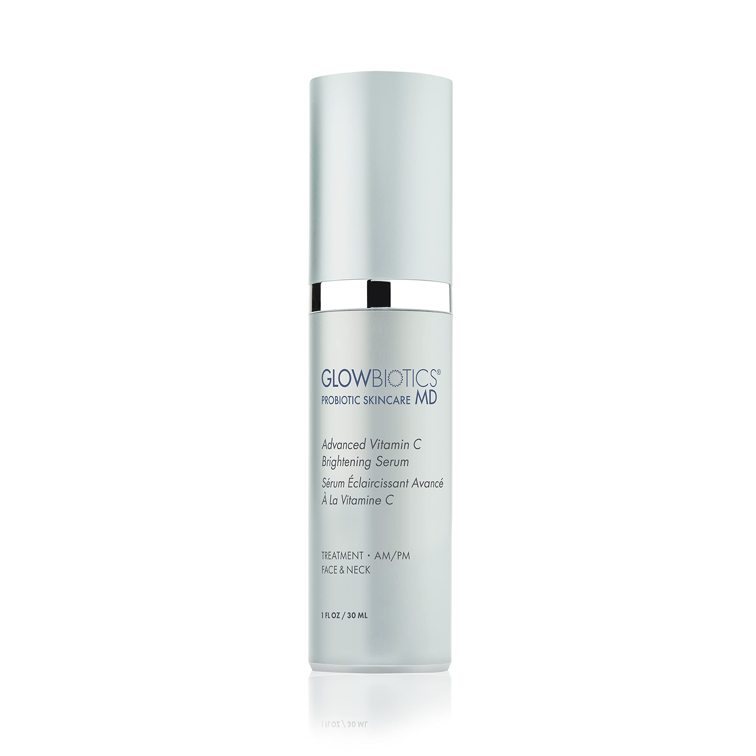 Glowbiotics advanced vitamin C serum bottle highlights a potent antioxidant formula for brighter skin