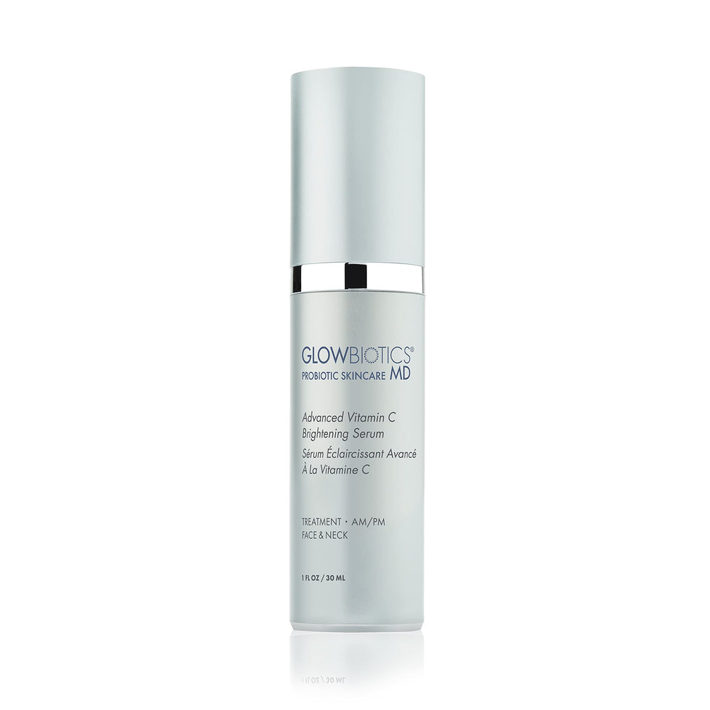 Glowbiotics advanced vitamin C serum bottle highlights a potent antioxidant formula for brighter skin
