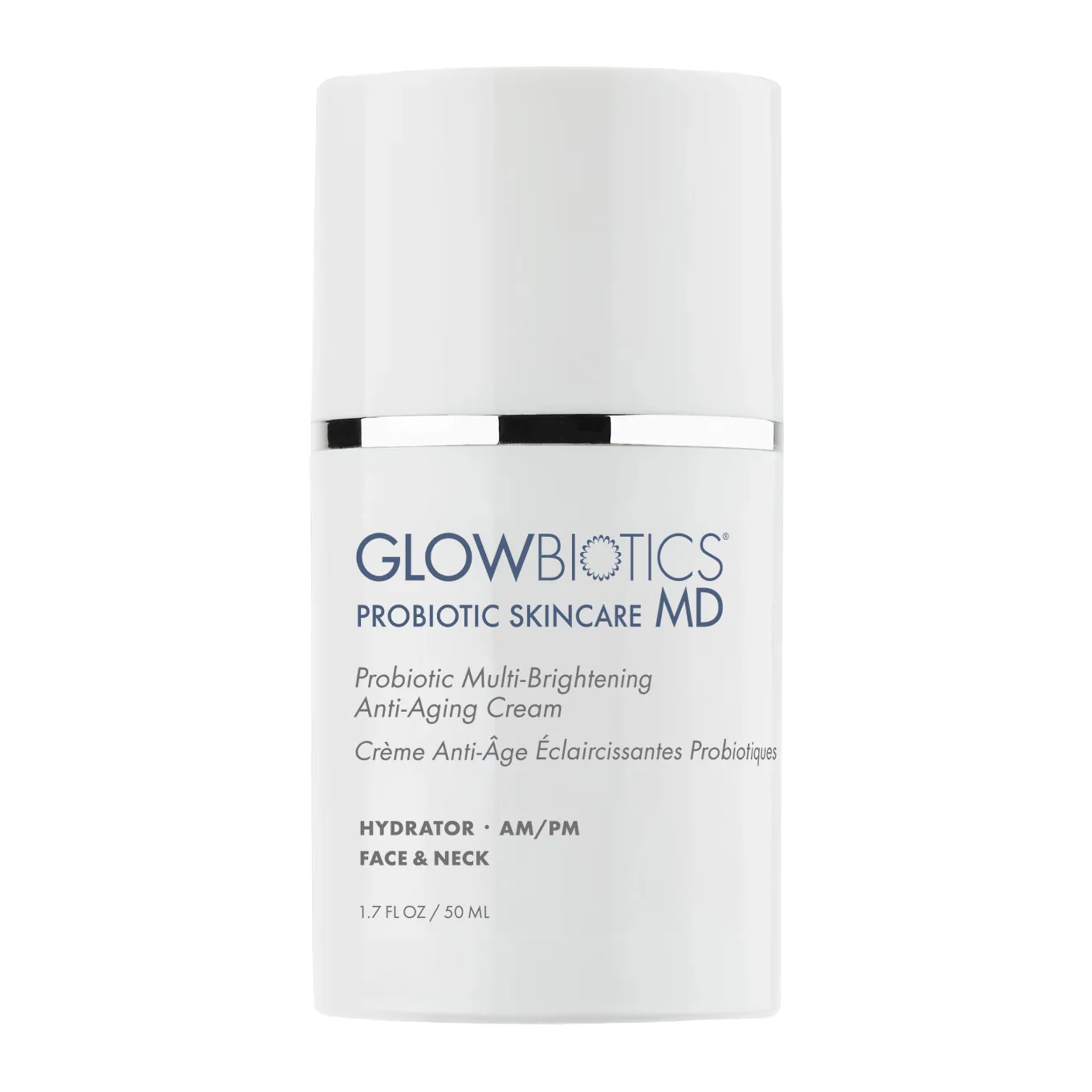Glowbiotics bottle closeup highlighting probiotic brightening cream for daily skincare